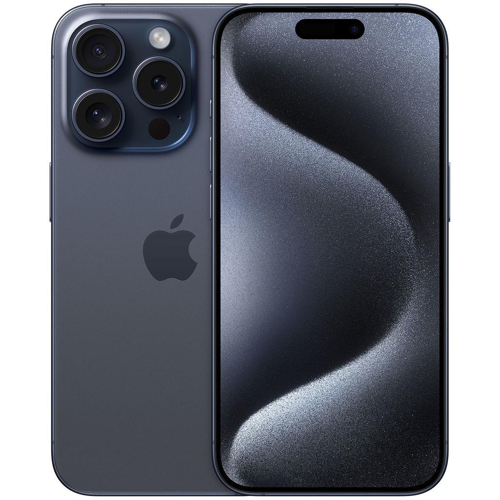 This image shows a front and back view of the iPhone 15 Pro model in a deep blue titanium color. The front has a nearly edge-to-edge display with the Dynamic Island cutout for the front-facing camera and sensors at the top. On the back, there is a sleek, matte titanium finish with a large, raised camera module housing three camera lenses and a LiDAR sensor in the upper left corner. The iconic Apple logo is centered on the back in a glossy finish that contrasts the matte background.