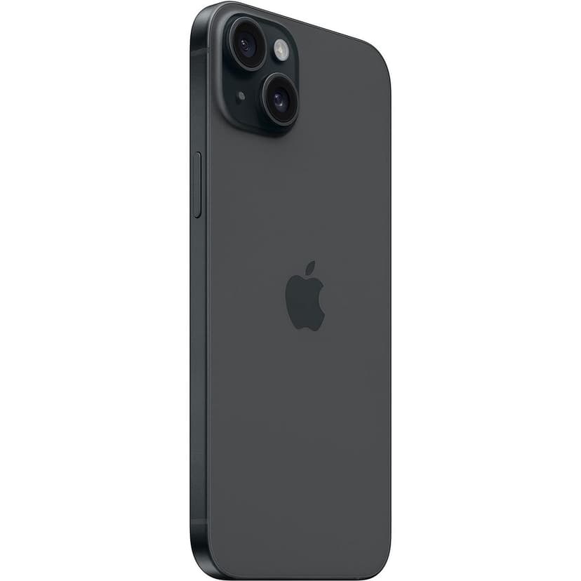 Angled rear view of a pre-owned iPhone 15 Plus in black, highlighting the dual-camera system and the sleek matte finish with the Apple logo in the center.