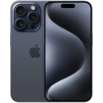 This image shows a front and back view of the iPhone 15 Pro model in a deep blue titanium color. The front has a nearly edge-to-edge display with the Dynamic Island cutout for the front-facing camera and sensors at the top. On the back, there is a sleek, matte titanium finish with a large, raised camera module housing three camera lenses and a LiDAR sensor in the upper left corner. The iconic Apple logo is centered on the back in a glossy finish that contrasts the matte background.