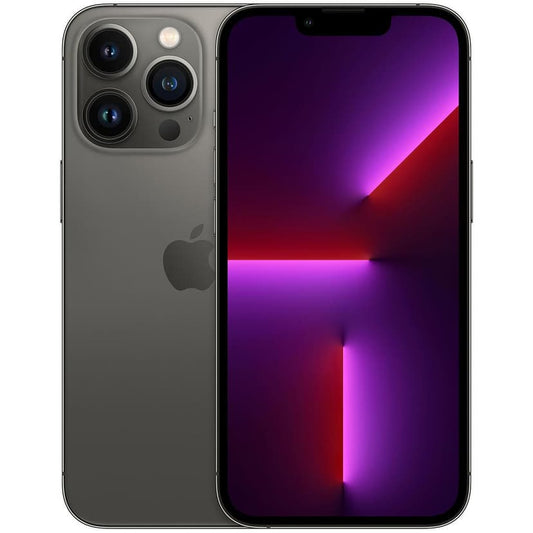 An iPhone 13 Pro in graphite color. The device is shown from the front and back. The front displays a large screen with a dark background and circular graphic elements. The back reveals a square camera module with three lenses and a LiDAR sensor. The phone's body has a glossy gold finish.
