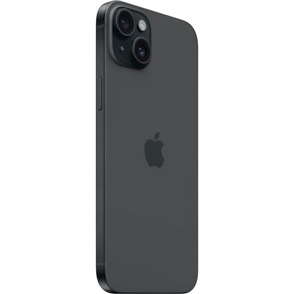 Angled rear view of a pre-owned iPhone 15 Plus in black, highlighting the dual-camera system and the sleek matte finish with the Apple logo in the center.